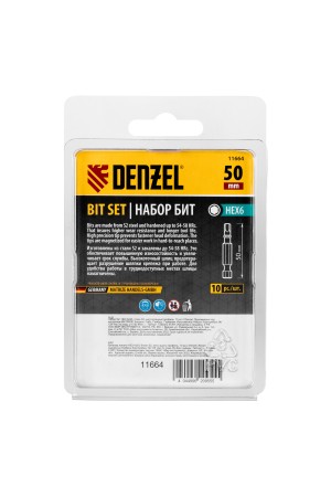 Бита HEX 6х50, сталь S2, шестигранный профиль, 10 шт. Е 6,3 Denzel