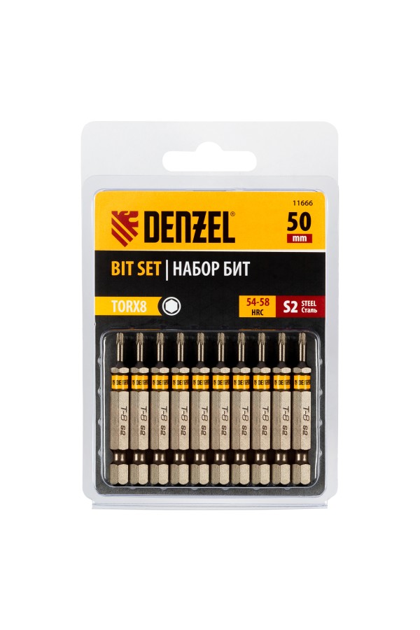 Бита TX 8х50, сталь S2, шестигранный профиль, 10 шт. Е 6,3 Denzel