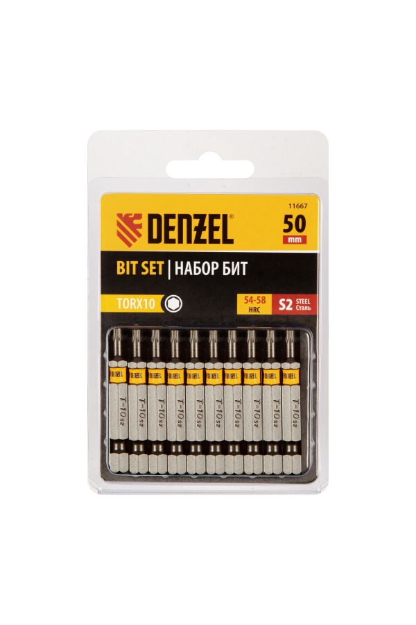 Бита TX 10х50, сталь S2, шестигранный профиль, 10 шт. Е 6,3 Denzel