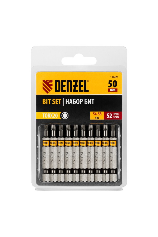 Бита TX 20х50, сталь S2, шестигранный профиль, 10 шт. Е 6,3 Denzel