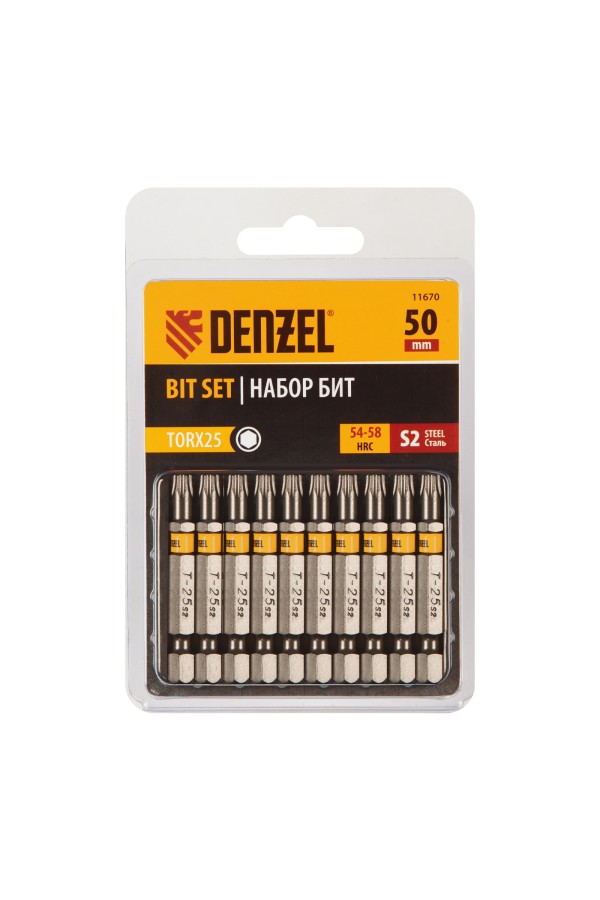 Бита TX 25х50, сталь S2, шестигранный профиль, 10 шт. Е 6,3 Denzel