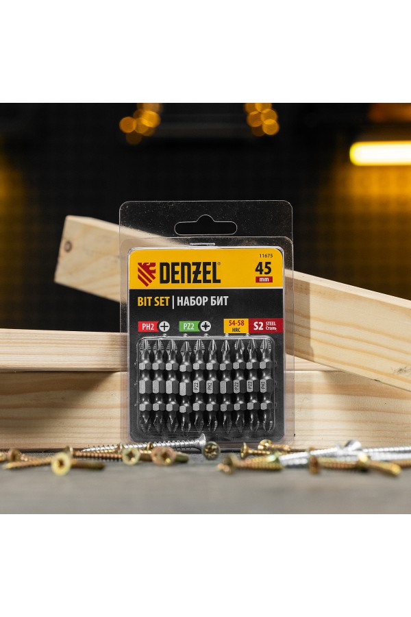 Бита двухсторонняя, PH2-PZ2 х 45 мм, сталь S2, 10 шт. Denzel