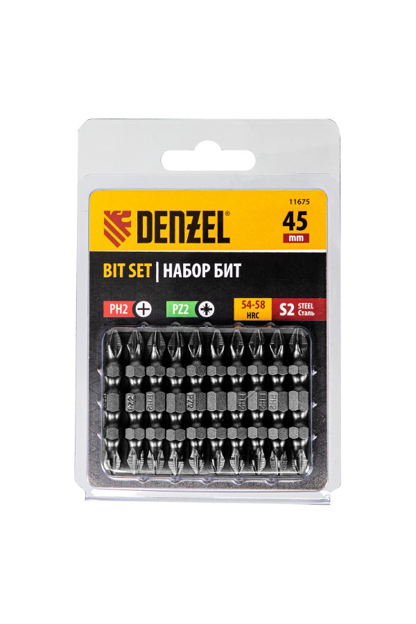 Бита двухсторонняя, PH2-PZ2 х 45 мм, сталь S2, 10 шт. Denzel