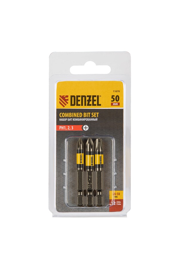 Набор бит комбинированный 3 шт., РН1, РН2, РН3, 50 мм, сталь S2 Denzel