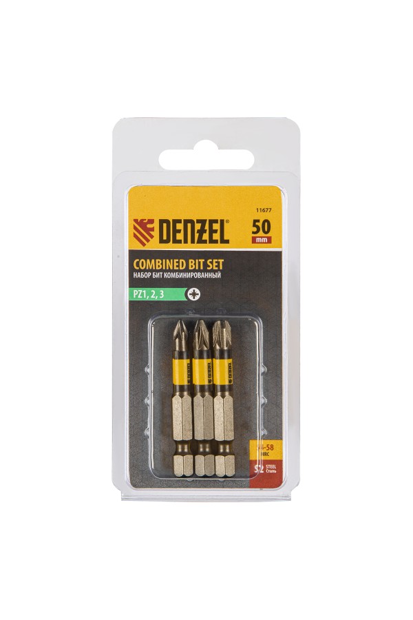 Набор бит комбинированный 3 шт., PZ1, PZ2, PZ3, 50 мм, сталь S2 Denzel
