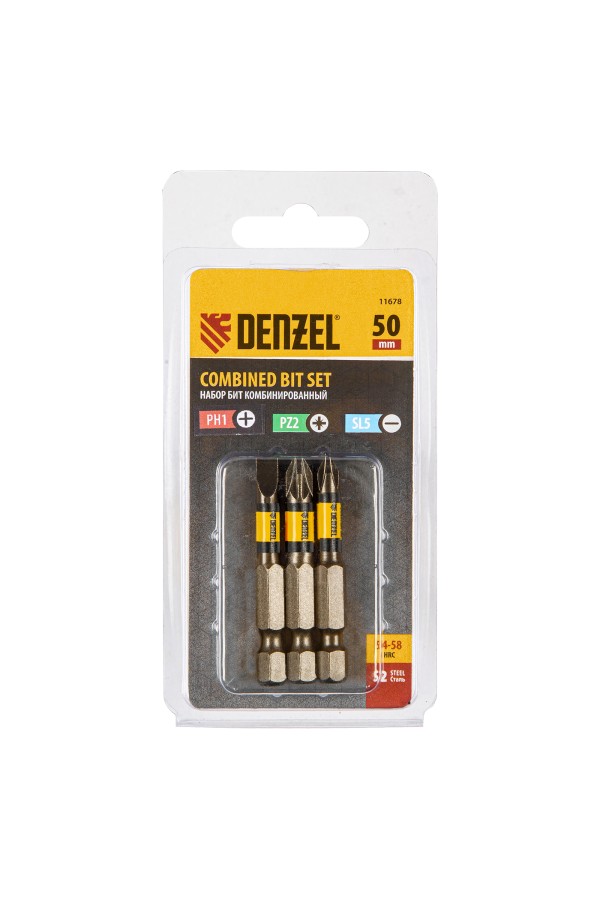 Набор бит комбинированный 3 шт., PH2, PZ2, SL5, 50 мм, сталь S2 Denzel