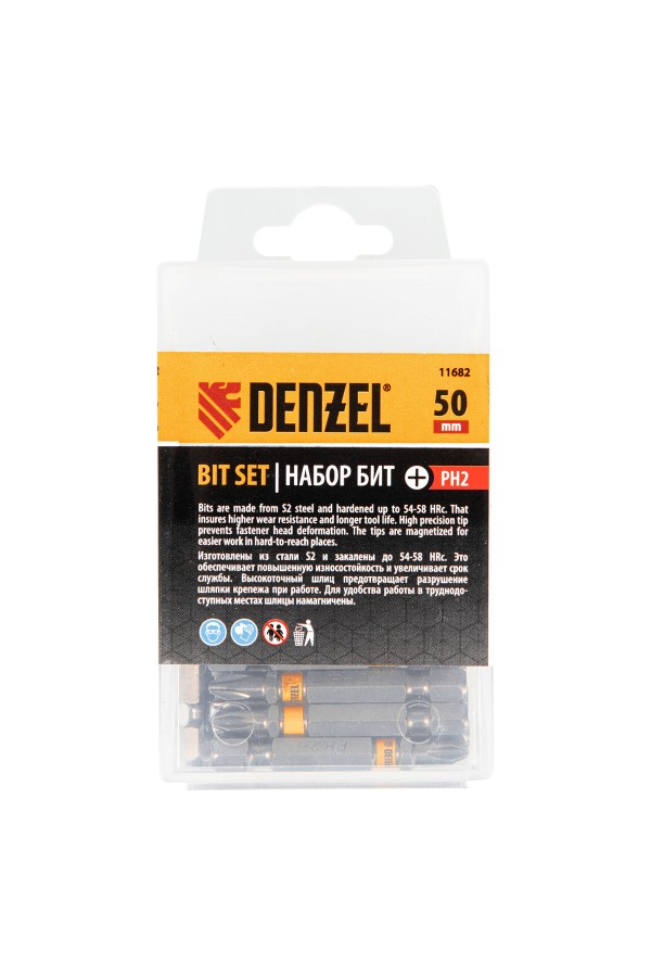 Бита PH2х50, сталь легированная S2, 30 шт., шестигранный профиль, пластиковая коробка, Е 6,3 Denzel