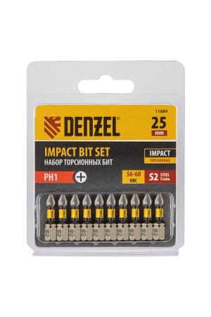 Бита IMPACT, PH1x25 мм, лазерная обработка шлица, сталь S2, 10 шт., Е 6,3 Denzel