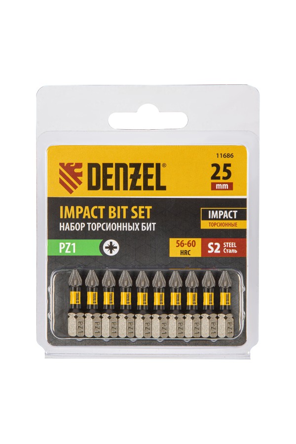 Бита IMPACT, PZ1x25 мм, лазерная обработка шлица, сталь S2, 10 шт., Е 6,3 Denzel