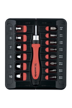 Отвертка реверсивная с набором бит и торцевых головок, 23 шт, CrV Matrix