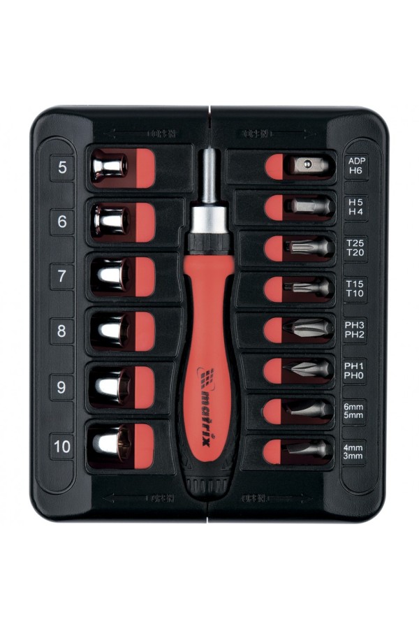 Отвертка реверсивная с набором бит и торцевых головок, 23 шт, CrV Matrix