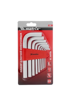 Набор ключей имбусовых HEX, 2-12 мм, CrV, 9 шт, короткие с сатинированным покрытием Matrix
