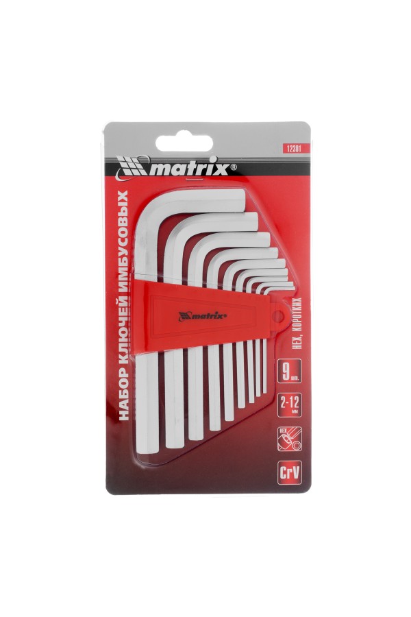 Набор ключей имбусовых HEX, 2-12 мм, CrV, 9 шт, короткие с сатинированным покрытием Matrix