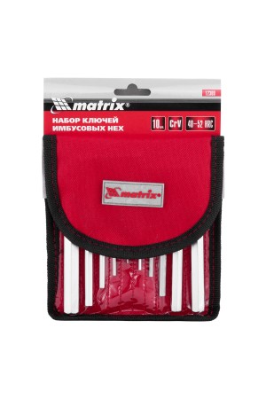 Набор ключей имбусовых HEX, 1.5-12 мм, CrV, 10 шт, короткие, сатин, чехол Matrix
