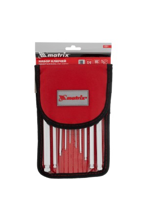 Набор ключей имбусовых HEX, 1.5-12 мм, CrV, 10 шт, удлиненных, шарообразный наконечник, с сатинированным покрытием, чехол Matrix