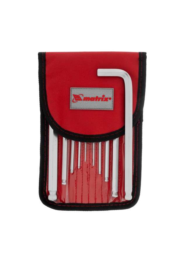 Набор ключей имбусовых HEX, 1.5-12 мм, CrV, 10 шт, удлиненных, шарообразный наконечник, с сатинированным покрытием, чехол Matrix