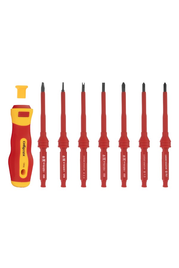 Отвертка со сменными жалами, диэлектрическая до 1000 В, 9 предметов, CrV Сибртех