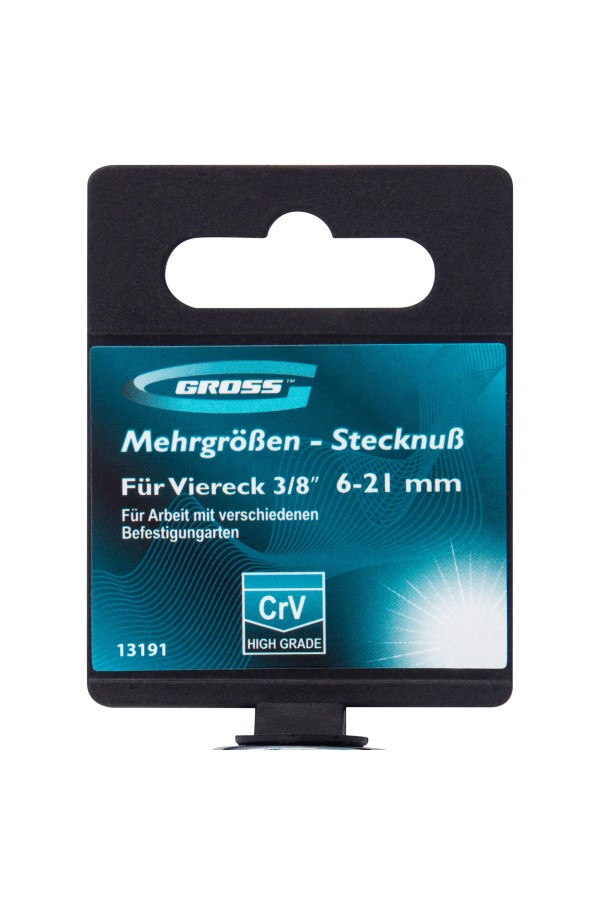 Головка торцевая многоразмерная, CrV, 6-21 мм, под квадрат 3/8, CrV, хромированная Gross