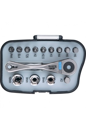 Реверсивная трещотка с набором бит и торцевыми головками, 14 шт Барс