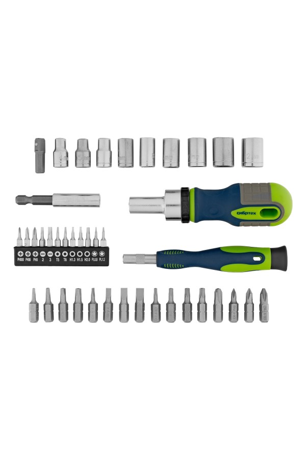 Отвертки реверсивные с набором бит и торцевыми головками, 41 шт, CrV Сибртех
