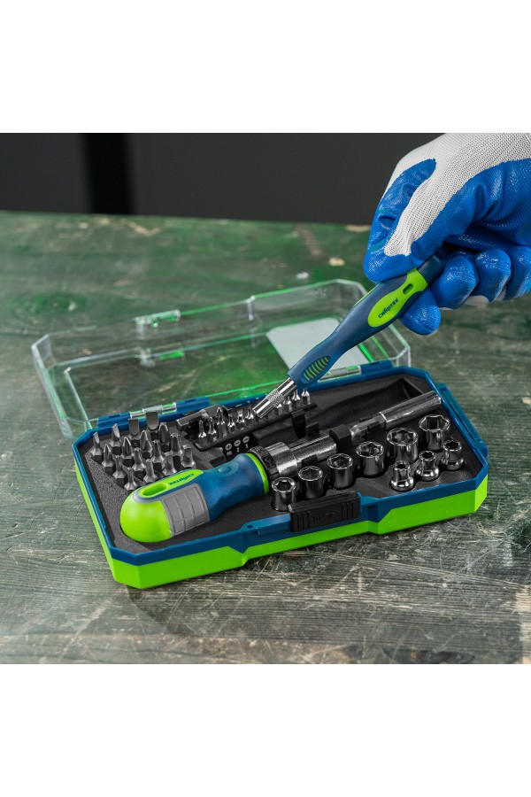 Отвертки реверсивные с набором бит и торцевыми головками, 41 шт, CrV Сибртех