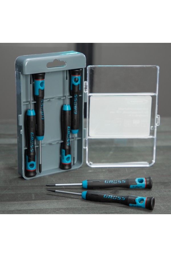 Набор отверток для точной механики, CrMo, двухкомпонентные рукоятки, 6 шт, пластиковый бокс Gross