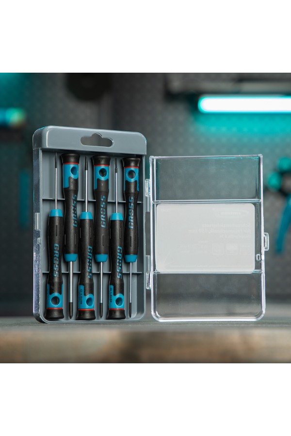 Набор отверток для точной механики, CrMo, двухкомпонентные рукоятки, 6 шт, пластиковый бокс Gross