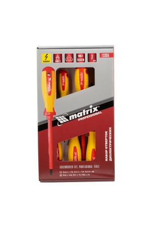 Набор диэлектрических отверток 7 шт, до 1000 В, пробник электрический до 250 В, двухкомпонентные рукоятки Matrix Professional