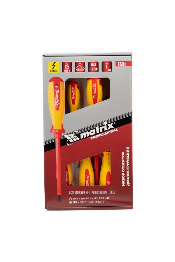 Набор диэлектрических отверток 7 шт, до 1000 В, пробник электрический до 250 В, двухкомпонентные рукоятки Matrix Professional