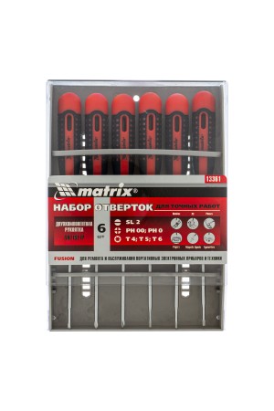 Набор отверток для точных работ Fusion, двухкомпонентная рукоятка, 6 шт, в пластиковом пенале Matrix