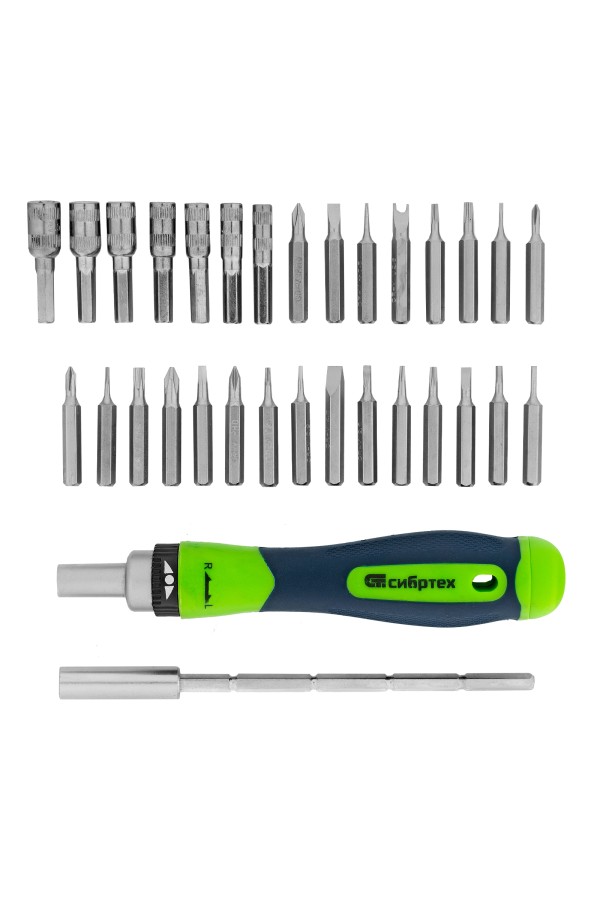 Отвертка реверсивная для точных работ с набором бит и торцевых головок, 32 предмета, CrV Сибртех