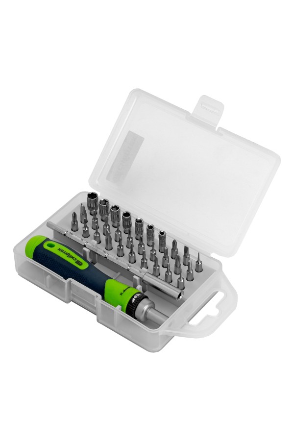 Отвертка реверсивная для точных работ с набором бит и торцевых головок, 32 предмета, CrV Сибртех