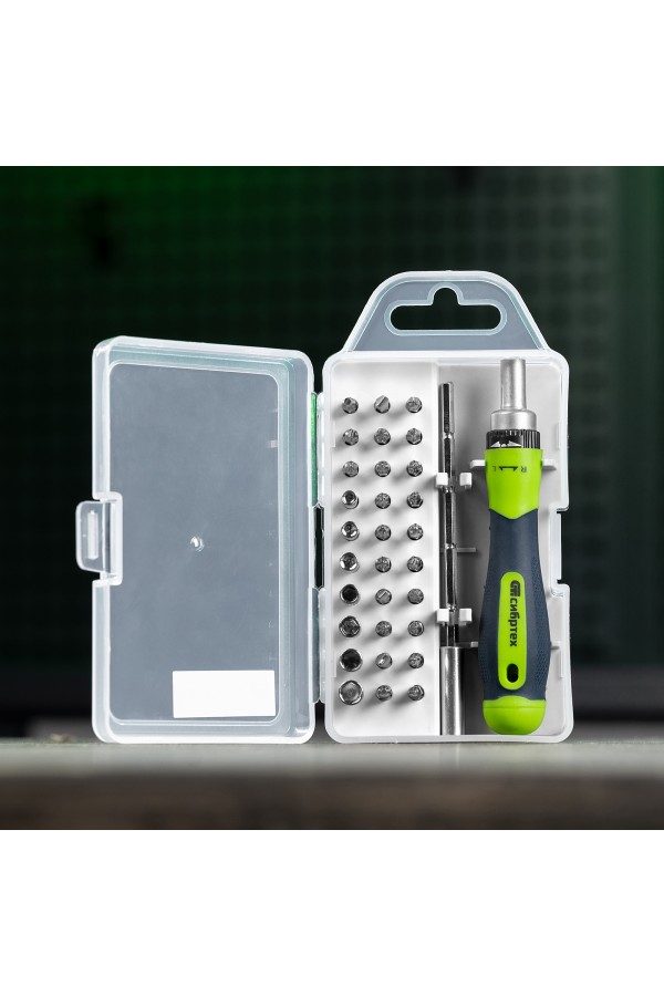 Отвертка реверсивная для точных работ с набором бит и торцевых головок, 32 предмета, CrV Сибртех