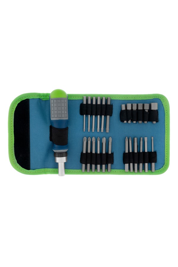 Отвертка реверсивная с набором бит и торцевых головок, 25 шт, CrV, чехол Сибртех