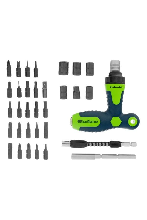 Отвертка Т-образная реверсивная с набором бит, торцевых головок, 33 предмета, CrV Сибртех