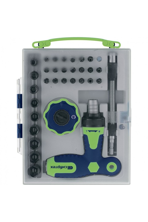 Отвертка Т-образная и трещотка, реверсивные с набором бит, торцевых головок, 34 предмета, CrV Сибртех