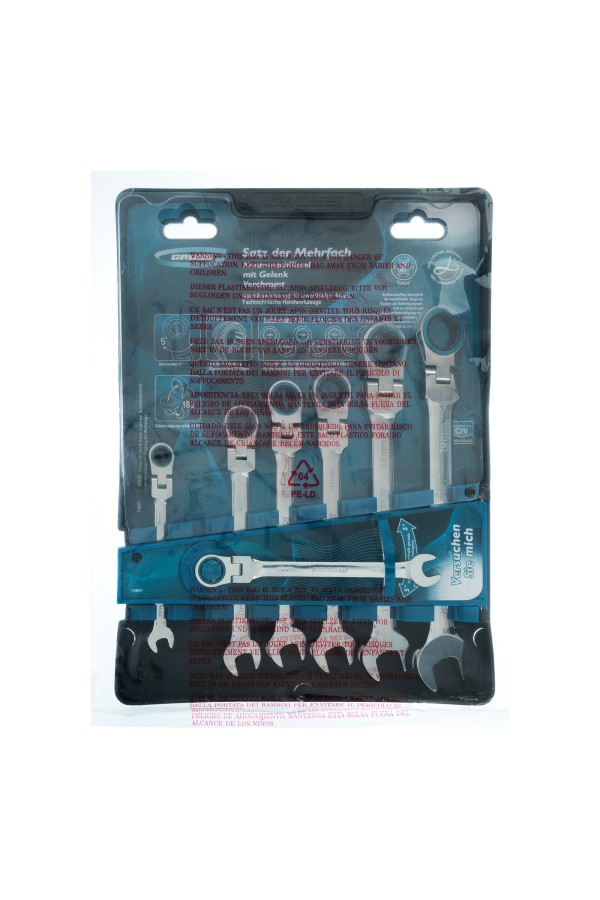 Набор ключей комбинированных с трещоткой, 8-19 мм, 7 шт, шарнирные, CrV Gross