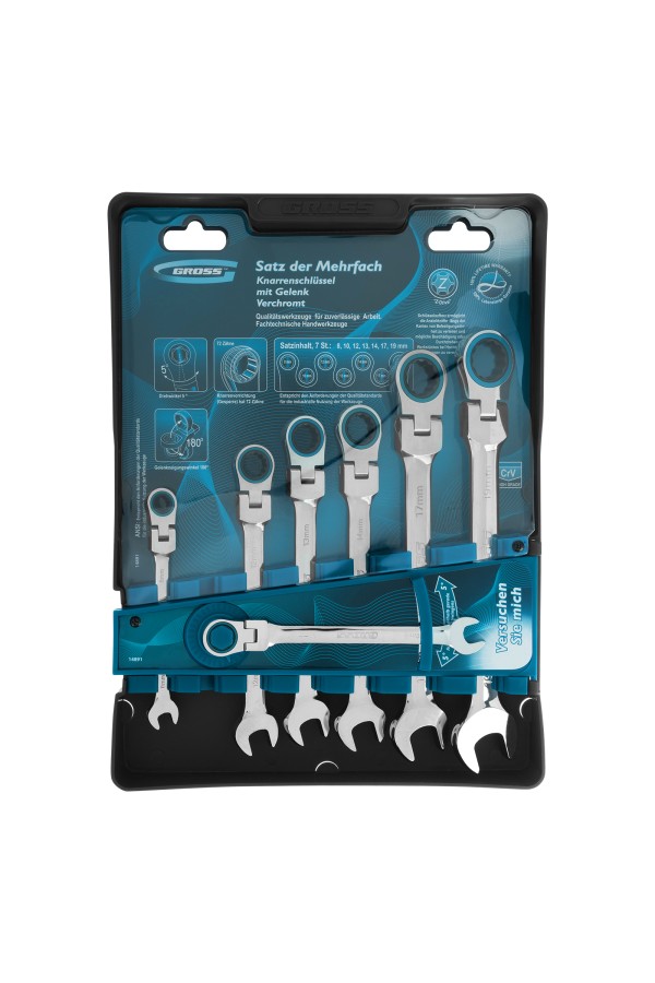 Набор ключей комбинированных с трещоткой, 8-19 мм, 7 шт, шарнирные, CrV Gross