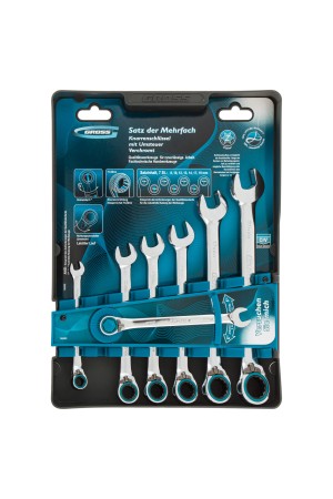 Набор ключей комбинированных с трещоткой, 8-19 мм, 7 шт, реверсивные, CrV Gross