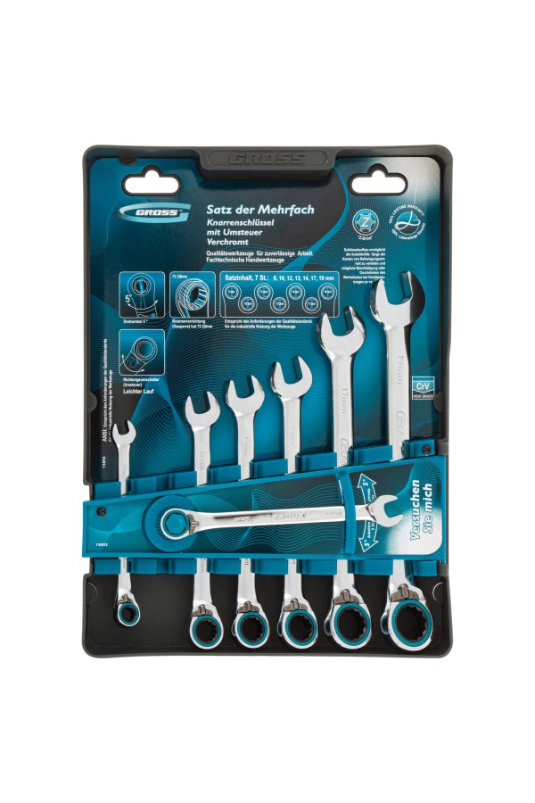 Набор ключей комбинированных с трещоткой, 8-19 мм, 7 шт, реверсивные, CrV Gross
