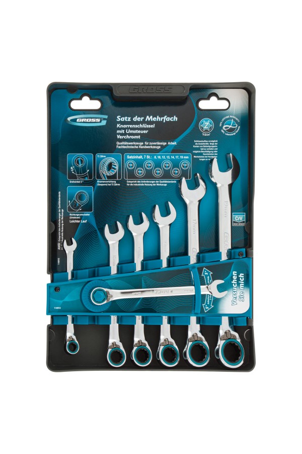 Набор ключей комбинированных с трещоткой, 8-19 мм, 7 шт, реверсивные, CrV Gross