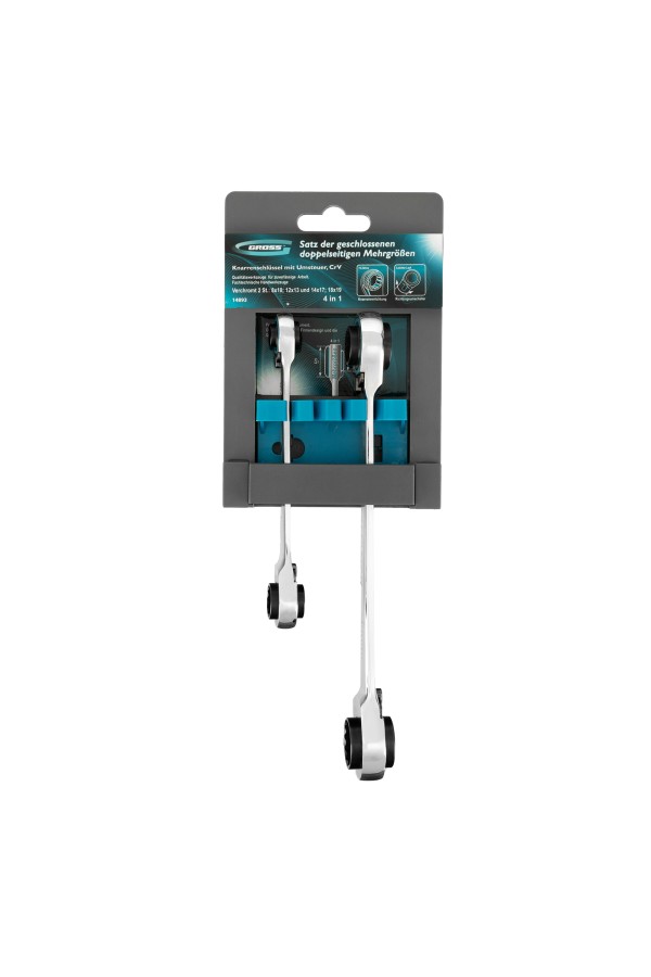 Набор ключей накидных с трещоткой, 8-19 мм, 2 шт, многоразмерные, реверсивные, CrV Gross