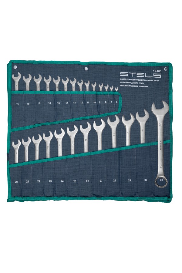 Набор ключей комбинированных 6-32 мм, 26 шт, CrV, матовый хром Stels