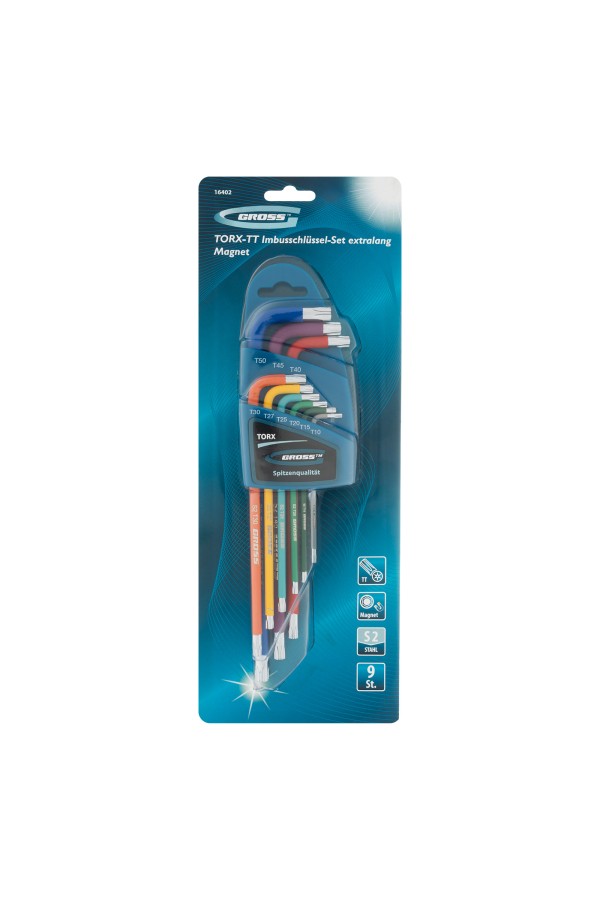 Набор ключей имбусовых Torx -TT, 9 шт: T10-T50, магнит, S2, экстра-длинные, хром/краска 9 шт Gross