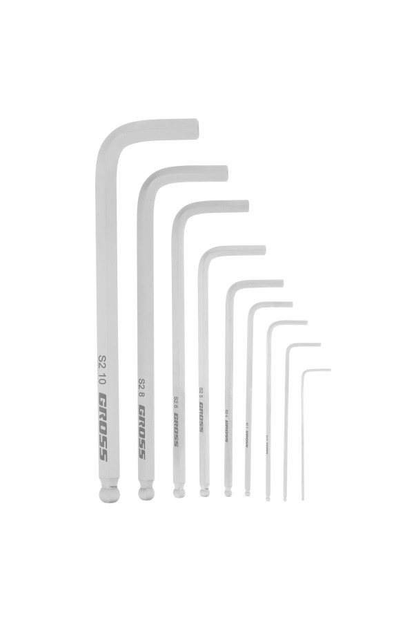 Набор ключей имбусовых HEX, 1.5-10 мм, S2, 9 шт, удлиненные с шаром, сатинированные Gross