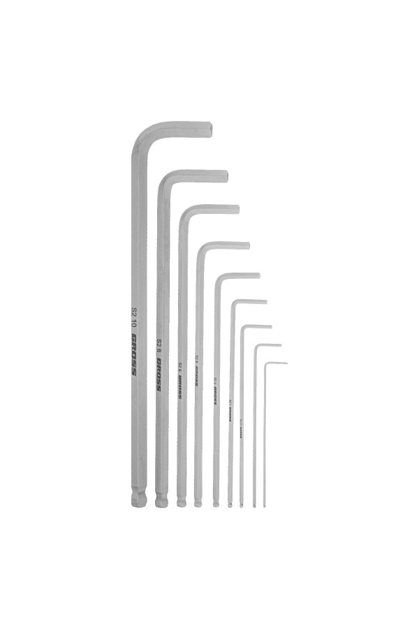 Набор ключей имбусовых HEX, 1.5-10 мм, S2, 9 шт, экстра-длинные с шаром, сатинированные Gross