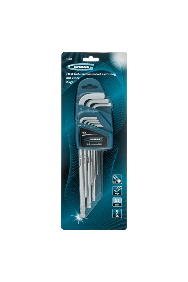 Набор ключей имбусовых HEX, 1.5-10 мм, S2, 9 шт, экстра-длинные с шаром, сатинированные Gross
