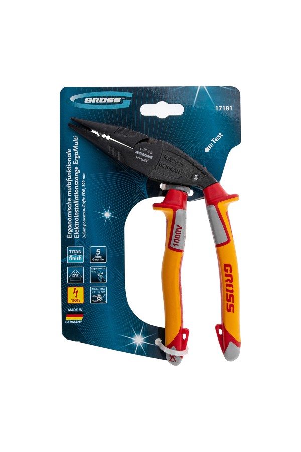 Длинногубцы с изогнутой головой, комбинированные, диэлектрические рукоятки до 1000 В, 200 мм Gross