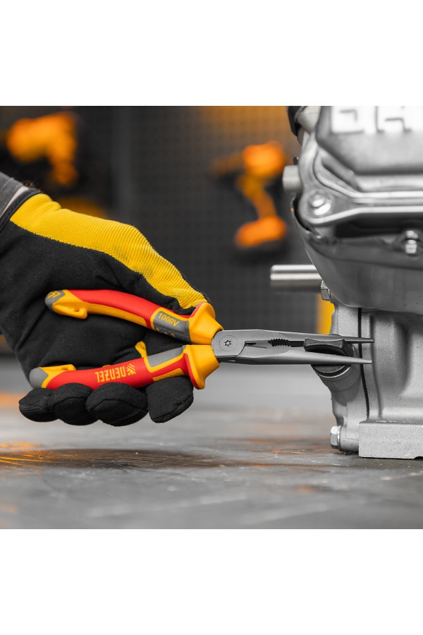 Длинногубцы прямые, диэлектрические рукоятки до 1000 В, трехкомпонентные рукоятки, 205мм Denzel