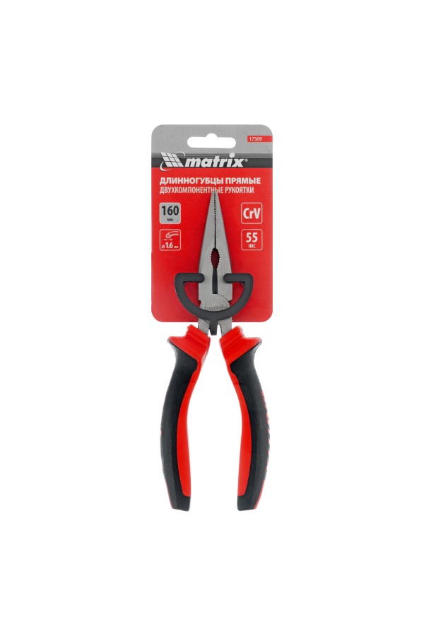 Длинногубцы прямые, 160 мм, хром-ванадий, двухкомпонентные рукоятки Matrix